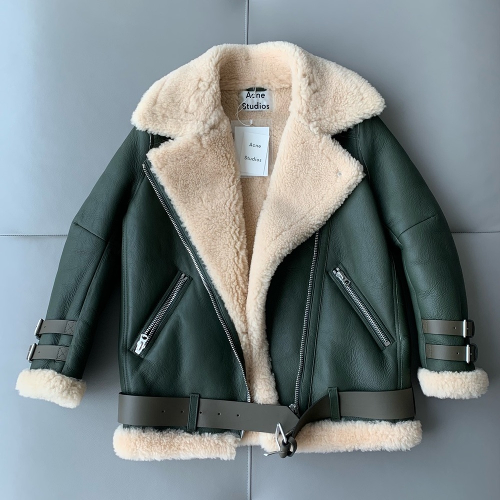 Acne velocite Green Leather shearling moto Jacket with Cream Lining